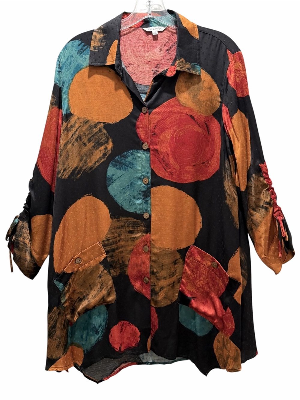 John Mark Silky Long-Line Button-up Tunic - Fall Colors, 3/4 Sleeves - Medium